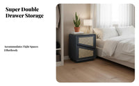 Rattan Nightstand with 2 Drawers Slim Profile Bedroom Furniture Rounded Corners