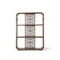 Wood Display Shelf with Carved Lattice Compact Three-Tier Shelf Small Space Wooden Bookshelf for Living Room