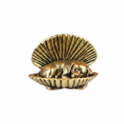 Brass Dog in Shell Figurine Metal Craft Sleeping Puppy in Conch Statue Vintage Style Miniature Brass Dog Ornament for Desktop
