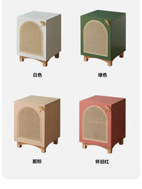 藤编实木床头柜现代简约收纳柜家用卧室边柜黑色网红复古储物柜子 藤编床头柜-（向左开门白色）