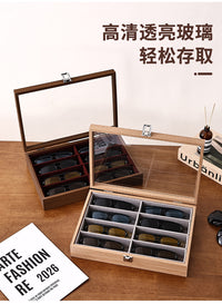 Solid Wood 8-Grid Eyeglass Storage Box, Premium Walnut Color, Sunglasses Display Tray for Optical Shops, Portable