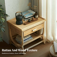 Rattan Drawer Nightstand Nordic Design Woven End Table with Drawer Easy Assembly