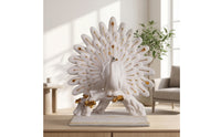Resin Peacock Figurine with Base Gold-Tone Peacock Figurine Sculpted Sculpture Tabletop for Homeowners, Art Collectors, Living Room, Entryway, Tv Stand, Housewarming