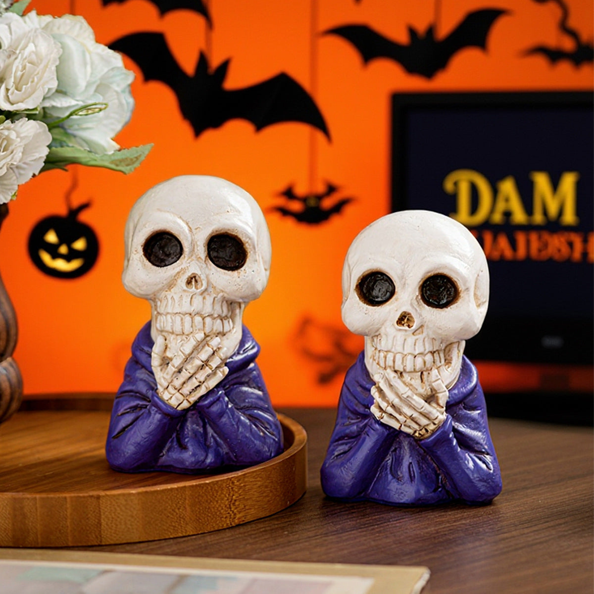 Halloween Resin Skull Figurine with Laughing Expression