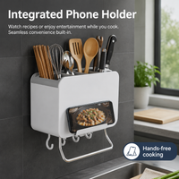 Wall Mount Kitchen Utensil Holder with Knife Slot, Large Utensil Organiser, Automatic Drying Storage, Dustproof Polymer Rack