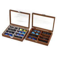 Walnut Wood Grain Eyeglass Storage Box for Sunglasses, 8-Slot Display Case