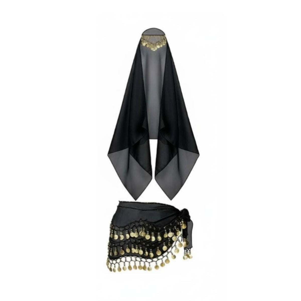 4 Pieces Sequin Details Fortune Teller Costume Kit Performance Wear Romani-Inspired Costume Accessories Lightweight Chiffon Coin Hip Scarf and Veil Set for Dancers, Women, Themed Party, Halloween, Cosplay