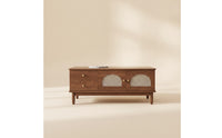 Walnut-Tone Coffee Table with Cabinet Woven Rattan-Style Coffee Table with Drawers Tapered Legs Furniture Retro for Living Room, Apartment, Lounge