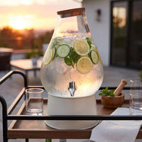 Water Dispenser and Juice Dispenser with Wood Lid, Pear-Shaped Drink Dispenser with Tap for Home Bar, Modern Minimalist Style Clear Glass Carafe