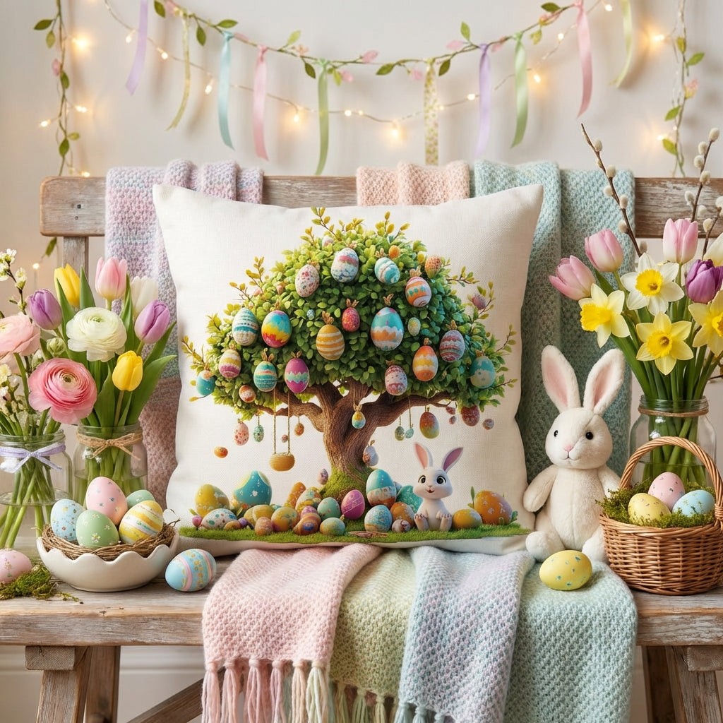 Easter Cushion Cover Linen Rabbit & Egg Tree Pattern, Decorative Throw Pillow Case with Invisible Zip, Farmhouse Spring Home Decoration for Sofa Couch Living Room Bedroom (45cm x 45cm)
