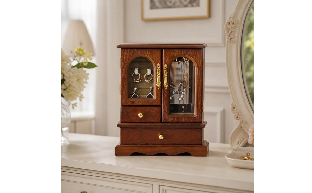 Jewelry Organizer with Drawers Wood-Grain Desktop Jewelry Chest Vintage-Style Wooden Desk Organizer with Drawers for Vanity, Dresser, Bedside Table