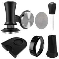 Stainless Steel Coffee Tamper with Adjustable Calibration and Magnetic Dosing Ring Kit