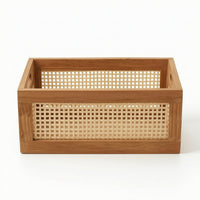 Wooden Storage Box with Cane Panels Open-Top Organizer Bin Sturdy for Bedroom