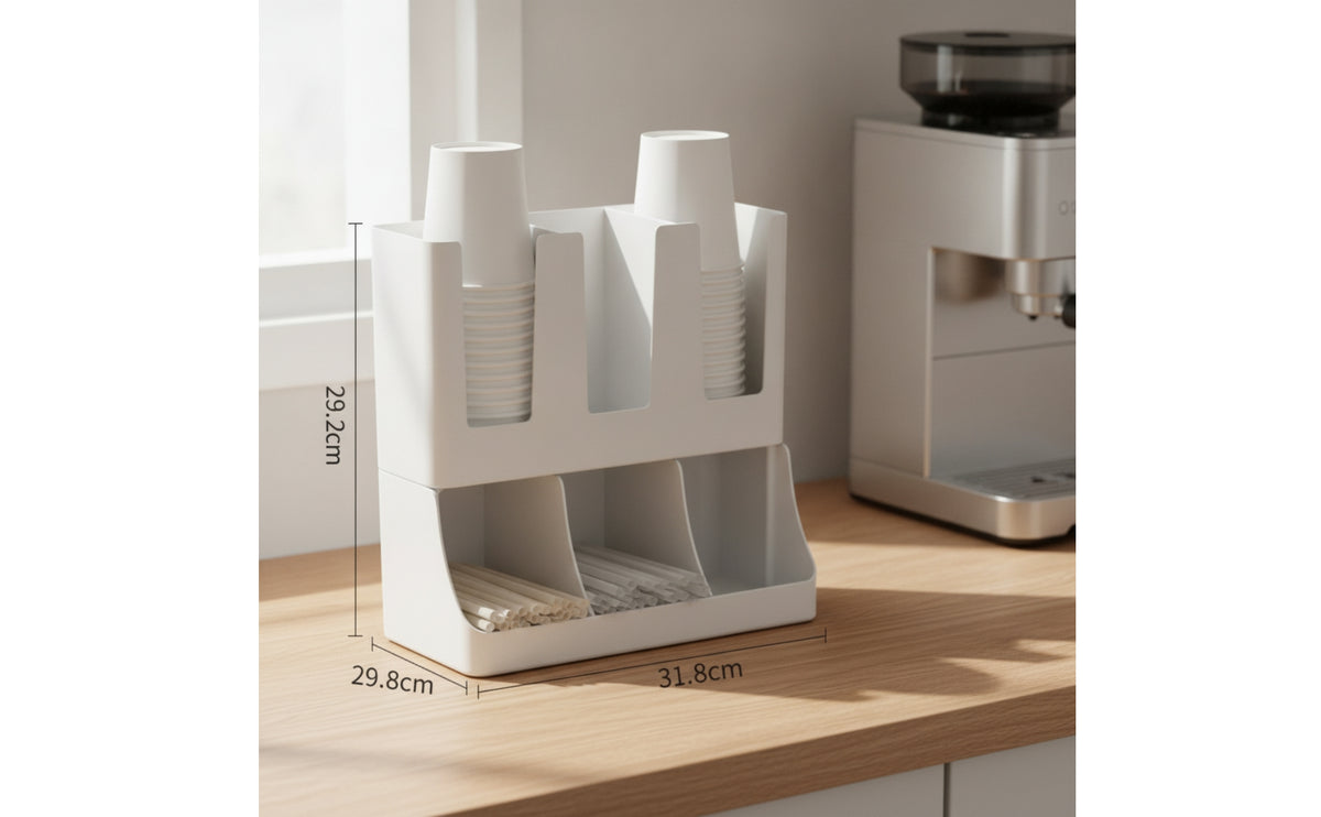 Two-Tier Cup Storage Rack Wall-Mounted Coffee Bar Organizer Freestanding Paper Cup Dispenser Space-Saving for Offices, Cafes, Breakroom, Kitchen Countertop