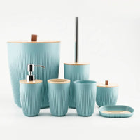 7 Pieces Bathroom Organizer Set Featuring Lidded Canister Dispenser Bottle Toothbrush Cup Countertop Organizer Durable Fluted Plastic and Bamboo-look Tops Suitable for Family Hotel Guest Room