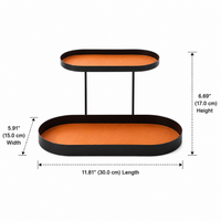 Black Metal Two Tier Tray, Oval Storage Tray with Leather Trim, 20x15.5x17cm Console Table Display Stand