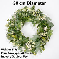16 Inch Eucalyptus Wreath for Front Door with White Berries, Spring Outdoor, Faux Greenery Wall Hanging Farmhouse Decor