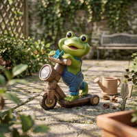 Frog on Bike Figurine Resin Craft Yard Ornament Automatic Dusk to Dawn Outdoor Decor for Balcony
