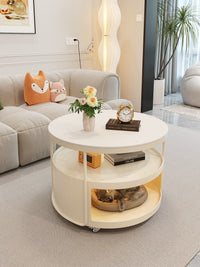Cream Style Round Marble-Effect Mobile Coffee Table with Storage