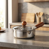 Baby Food and Milk Pan Stainless Steel Pot for Induction Hobs, Small Saucepan with Lid and Glass Lid, Noodle Pot with Wooden Handle, 1 Pack