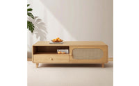 Sleek Coffee Table with Rattan Drawer Rectangular Coffee Table with Drawer Natural Furniture Easy Assembly for Living Room