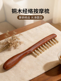 Pure Brass Long-Handle Massage Comb for Scalp and Head Meridian, Thick Wide Teeth, for Men and Women, Gold Silk Sandalwood Comb