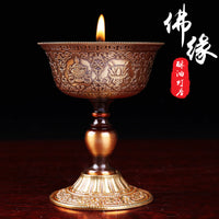 Copper Oil Lamp Base with Eight Auspicious Symbols for Buddhist Altar