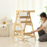 Multi-Level Cat Tree with Hammock, Solid Wood Multi-Functional Climbing Frame with Jump Platform, Minimalist Indoor Activity Center for Kittens