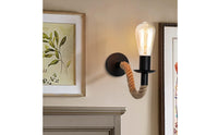 Wall Sconce with Rope Vintage Rustic Wall Light Black Metal Rope Lamp for Hallway, Cafe, Bar