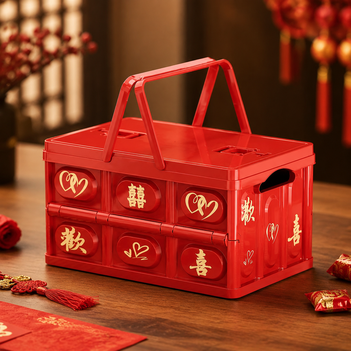 Foldable Storage Container Box With Handle 18L With Lid Plastic Container Vermilion Gold Print Traditional Pattern Storage Container