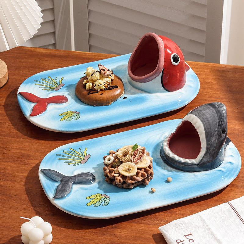 Japanese Style Ceramic Shark Plate for Dips and Sushi