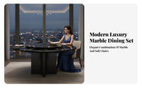 7 Pieces Round Pedestal Table with 6 Chairs Luxury design Dining Set Marble Pattern Top Household Furniture for Homeowners, Villa, Kitchen, Living Room