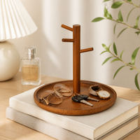 Wooden Key Holder, 20cm Valet Tray with Multiple Hooks, Modern Aesthetic Desk Decor for Small Items, Cosmetics, Jewelry