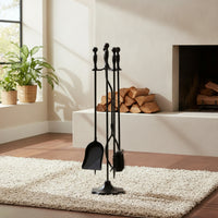 4 Pieces All Black Fireplace Tool Set with Stand Solid Fireplace Tool Set with Fire Iron Sturdy Hardware Heavy Duty for Homeowners, Hearth, Wood Wood-Burning Appliance
