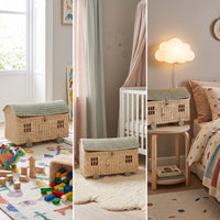 House Basket with Wheels Handwoven Rattan Storage Wagon Wheeled Rolling Storage Basket for Young Children, Parents, Playroom, Nursery, Photo Setting