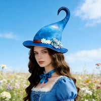 Halloween Witch Hat with Cartoon Pattern, Polyester, Blue
