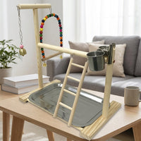 Parrot Playground with Bird Climbing Ladder and Bird Swing, Wooden Parrot Stand with Removable Tray, Multi-functional Cockatiel and Budgie Perch
