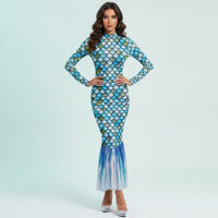 Long-Sleeve Mermaid Dress Fitted Fishtail Dress See-Through Evening Gown Lightweight for Women, Photoshoots, Themed Events, Costume Parties