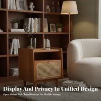Rattan Nightstand Solid Wood Legs Rattan-Front End Table with Lift-Top