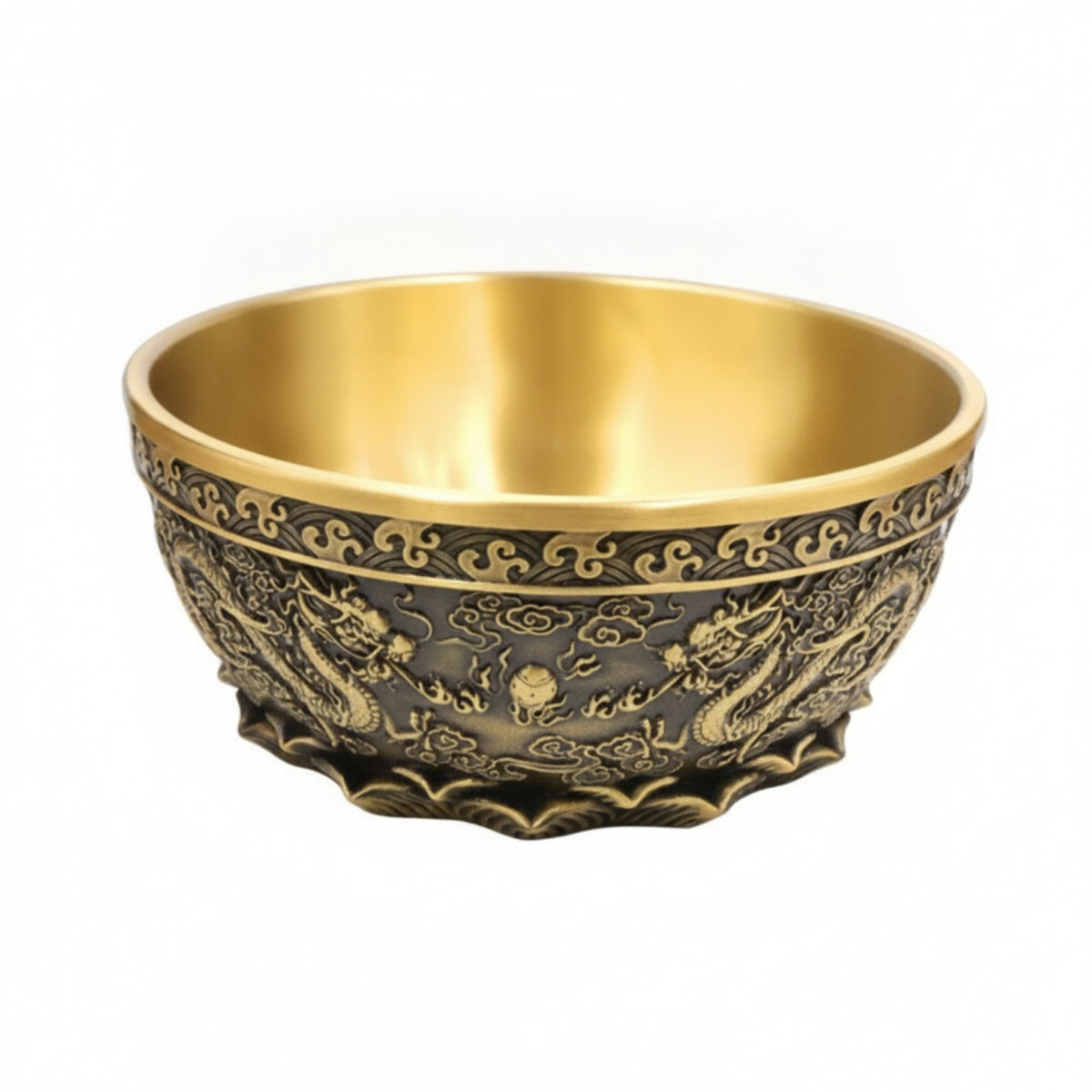 Antique Brass Dragon Bowl Embossed Chinese Motif Bowl