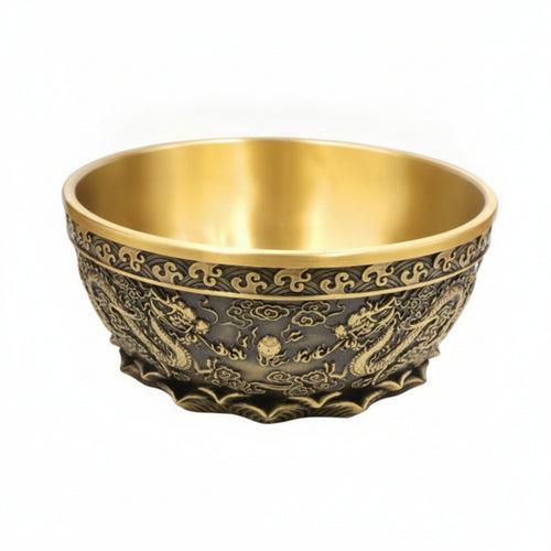 Antique Brass Dragon Bowl Embossed Chinese Motif Bowl