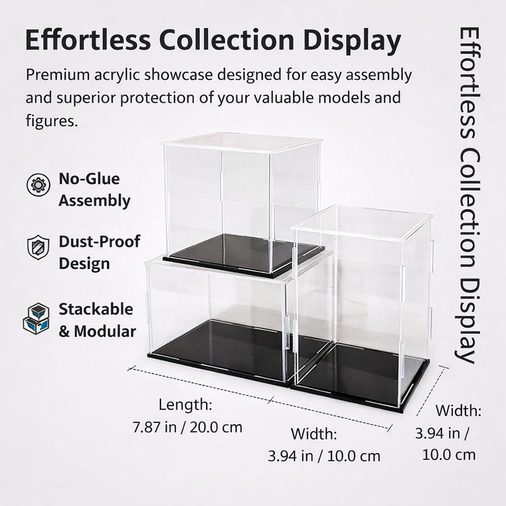 Clear Acrylic Display Case for Figures, Stackable Box for Desk, Dustproof Showcase for Collectibles and Models