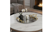 Stainless Steel Tray with Gilded Branch Accents Shallow Mirrored Metal Tray Metal Serving Platter for Homeowners, Entryway, Coffee Table