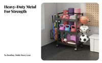 Home Gym Storage Rack Portable with Lockable Wheels Rolling Sports Accessories Rack Includes Hooks and Container Home Gym Storage Cart for Families