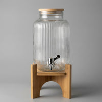 Glass Jar Water Dispenser with Wooden Top, Rectangular Juice Dispenser on Wood Stand