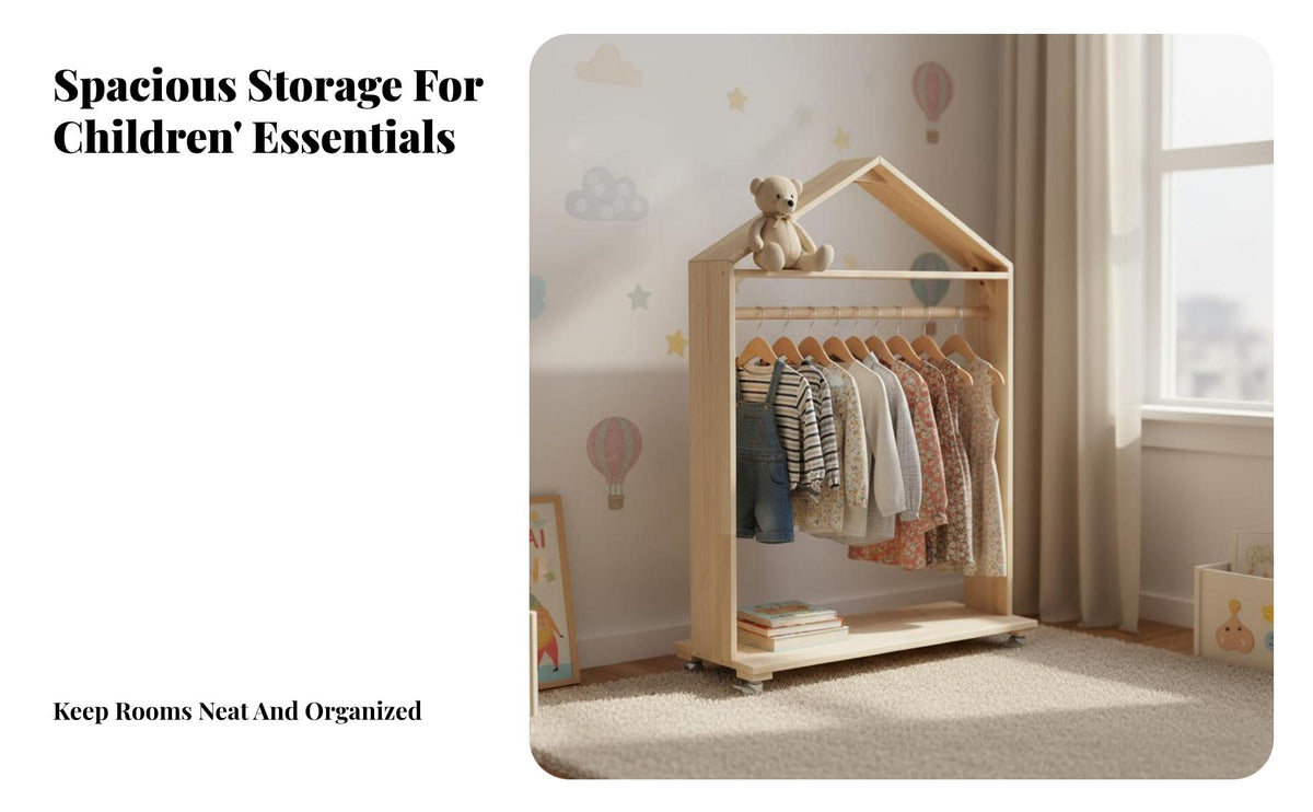 On Wheels House-Shaped Clothes Trolley Large Capacity Rolling Clothes Rack with Shelf Accessible Display Garment Stand Long-Lasting Sturdy for Toddlers, Parents, Homeowners, Kindergarten, Bedroom, Playroom, Retail Storage