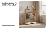 On Wheels House-Shaped Clothes Trolley Large Capacity Rolling Clothes Rack with Shelf Accessible Display Garment Stand Long-Lasting Sturdy for Toddlers, Parents, Homeowners, Kindergarten, Bedroom, Playroom, Retail Storage