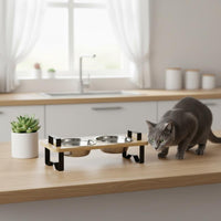 Bamboo Cat Feeder Tilted Angle Cat Food and Water Bowl Set Easy to Clean