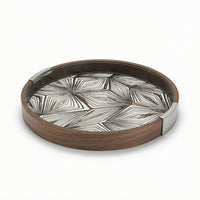 Round Wood Grain Tray Modern Tray with Metal Grips Polished for Living Room