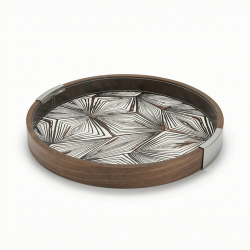 Round Wood Grain Tray Modern Tray with Metal Grips Polished for Living Room